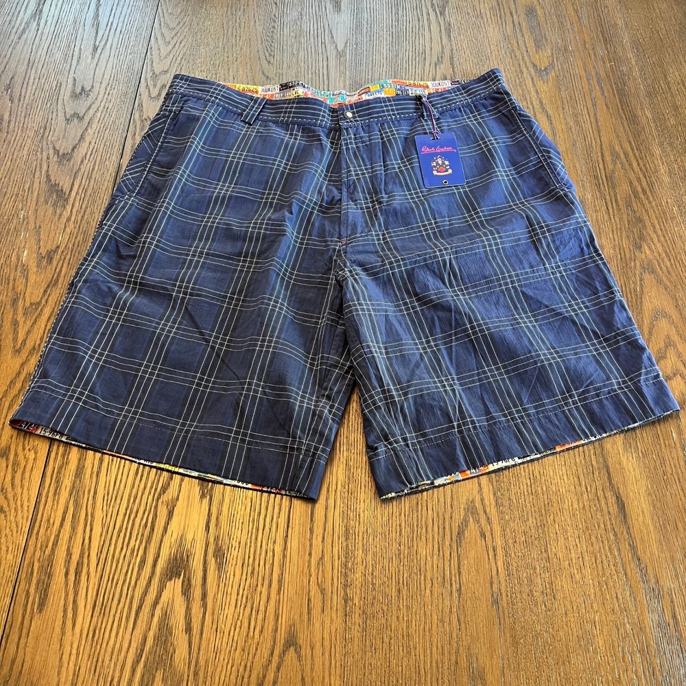 Robert Graham Shorts Cotton Plaid Navy Blue License Plate Trim Preppy 38 NEW